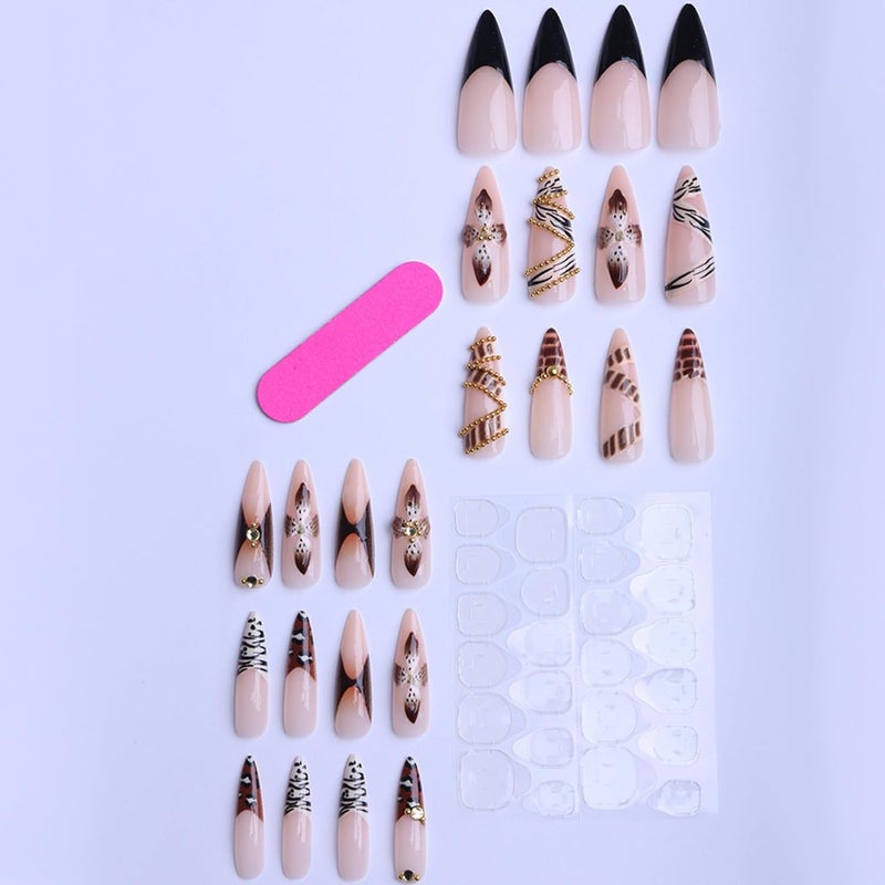 SEENEEY Almond Press on Nails Long Brown Flowers Stick on Nail for Women 24pcs - Image 4